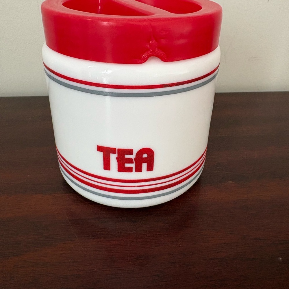 VTG Milk Glass Tea Canister Screw On Lid 1970’s Retro Red/Gray Striped England
